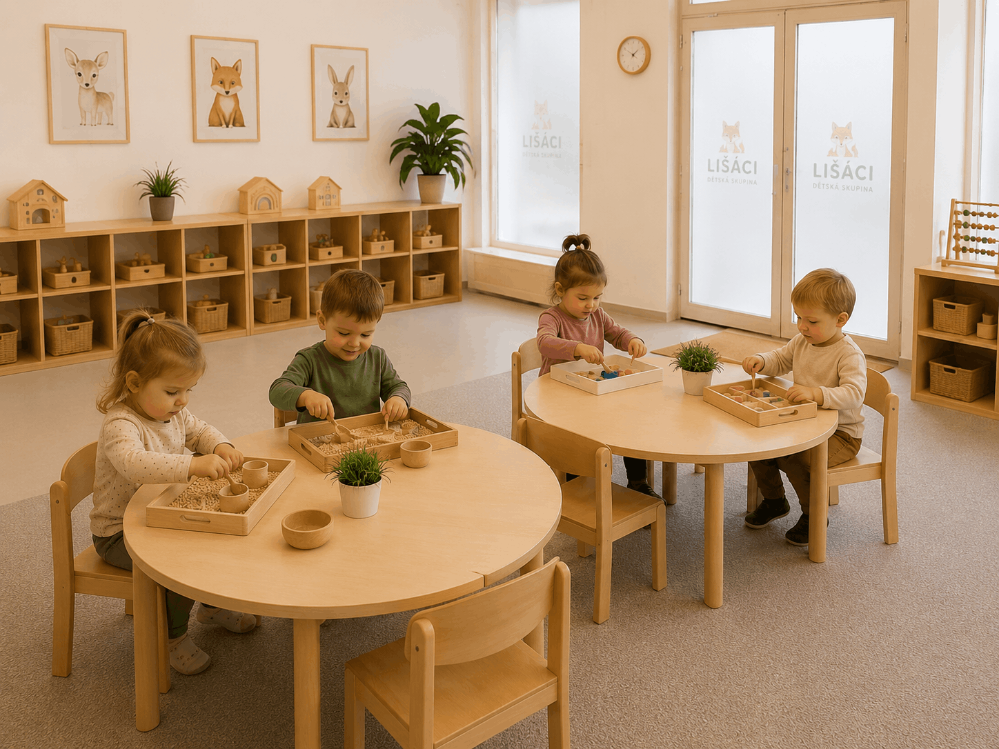 Děti pracují u stolečků v interiéru Dětské skupiny Lišáci